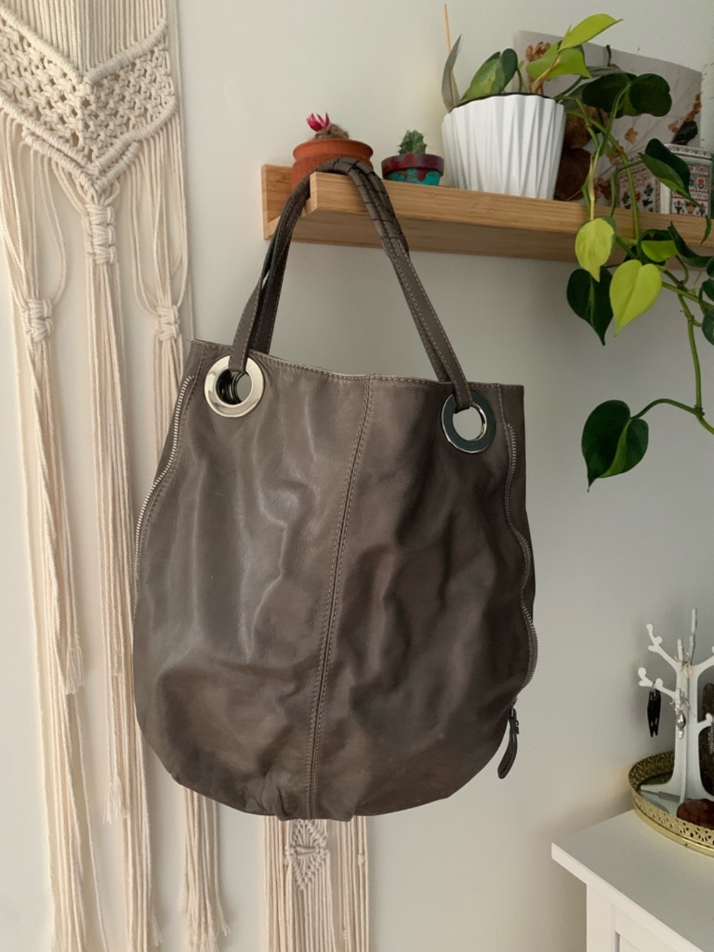 Grey genuine leather tote bag